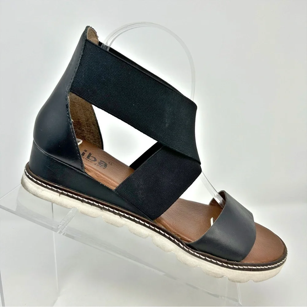Diba True Black Leather and Fabric Strappy Wedge Comfort Sandals Size 9.5